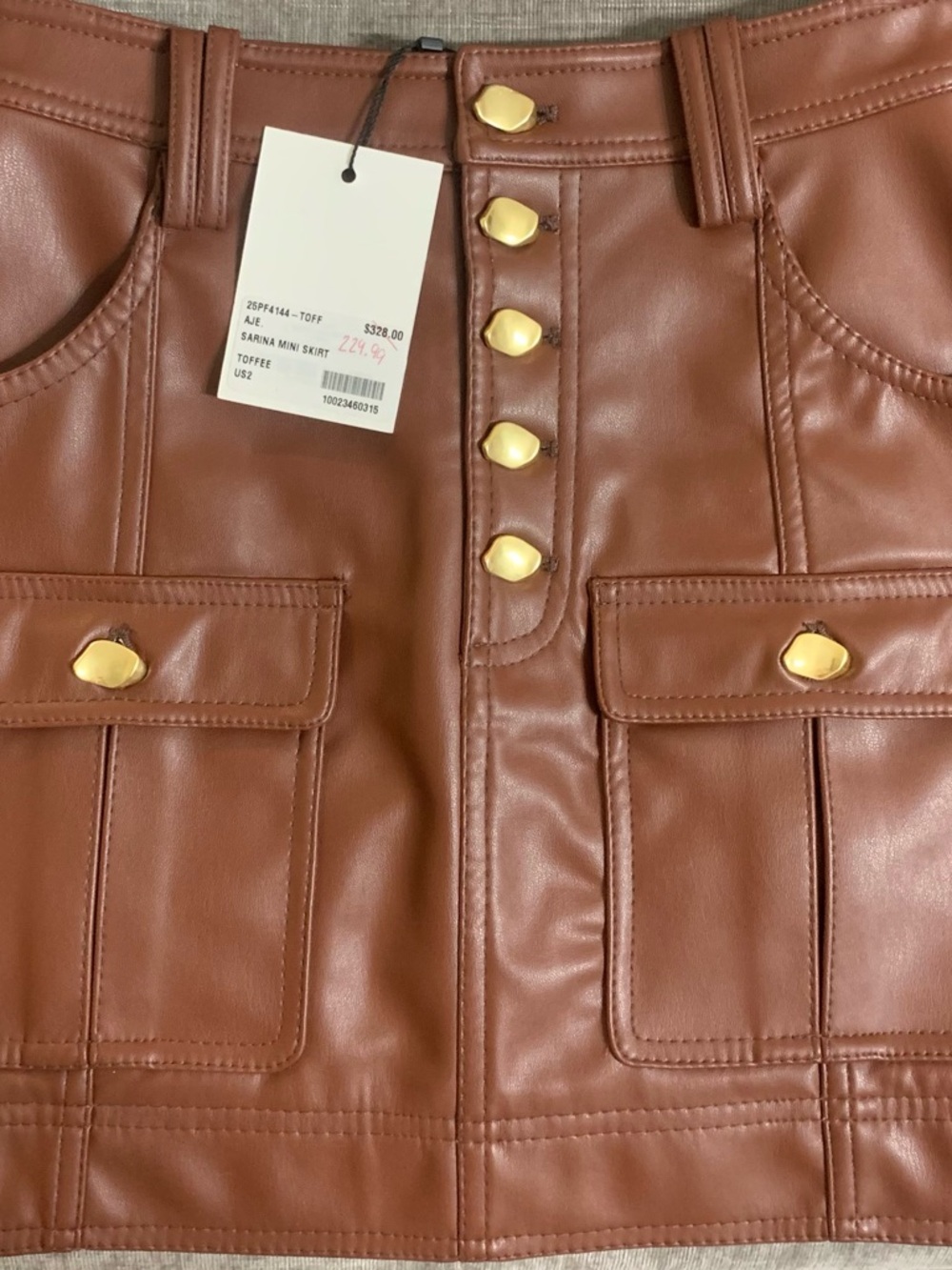 Toffee Faux Leather Mini Skirt with Gold Buttons